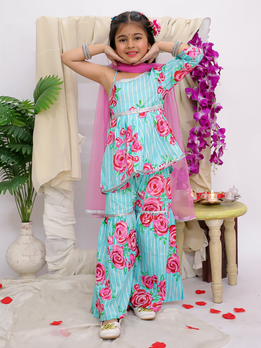 Kid One Floral Print Cotton Kurti Sharara With Dupatta Set With Floral Cotton Kurta And Pajama With Jacket Set Turquoise