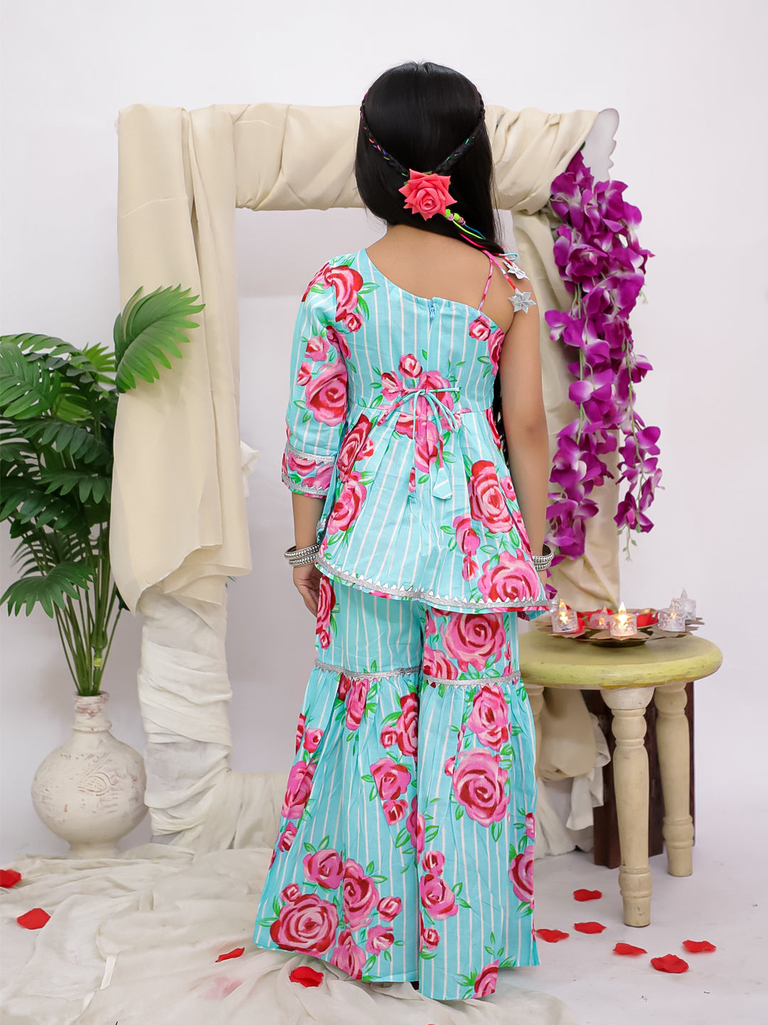 Kid One Floral Print Cotton Kurti Sharara With Dupatta Set With Floral Cotton Kurta And Pajama With Jacket Set Turquoise