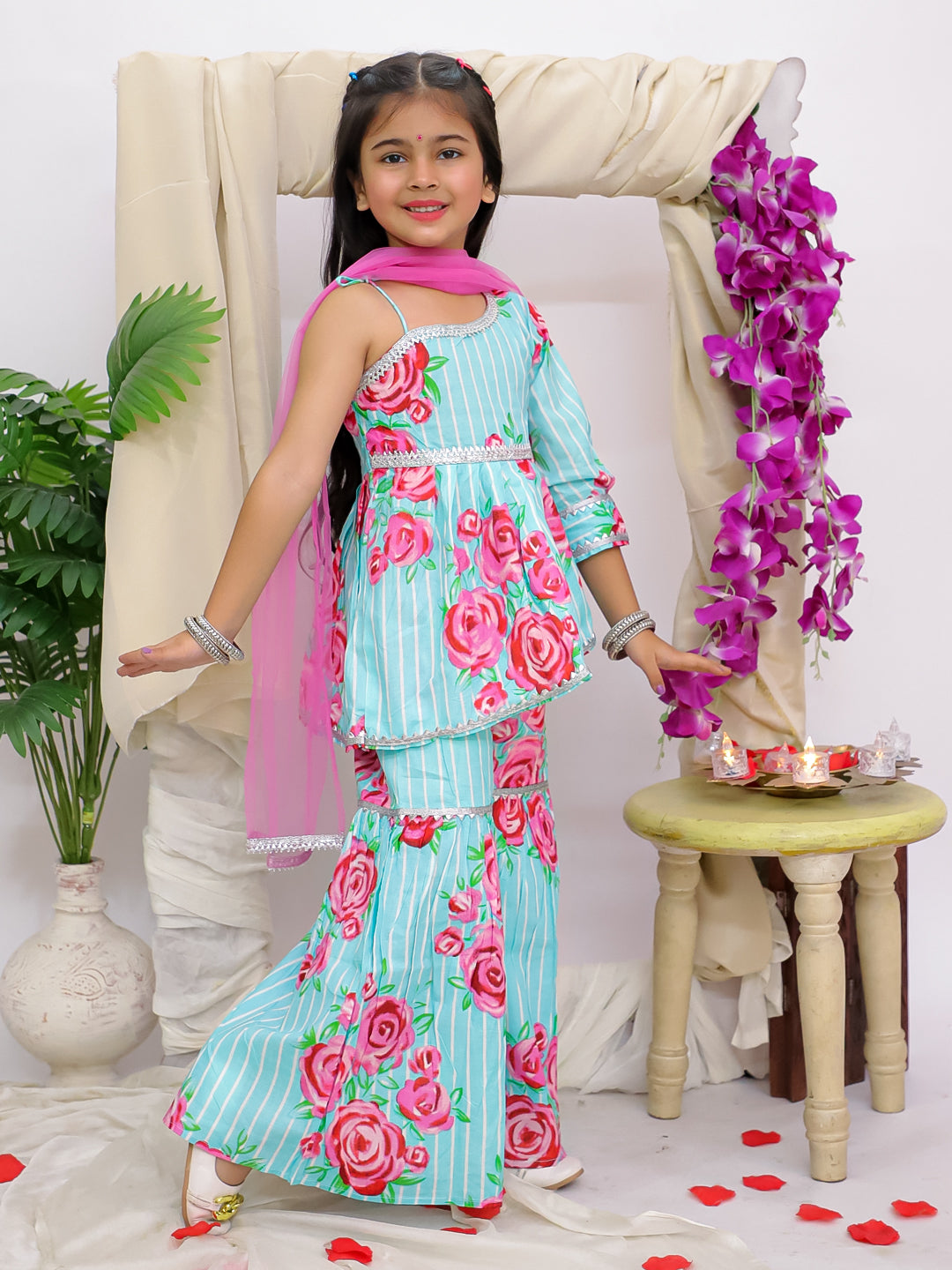 Kid One Floral Print Cotton Kurti Sharara With Dupatta Set Turquoise