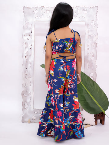 Kid One Sleeveless Floral Print Crop Top With Sharara Set For Girls Blue