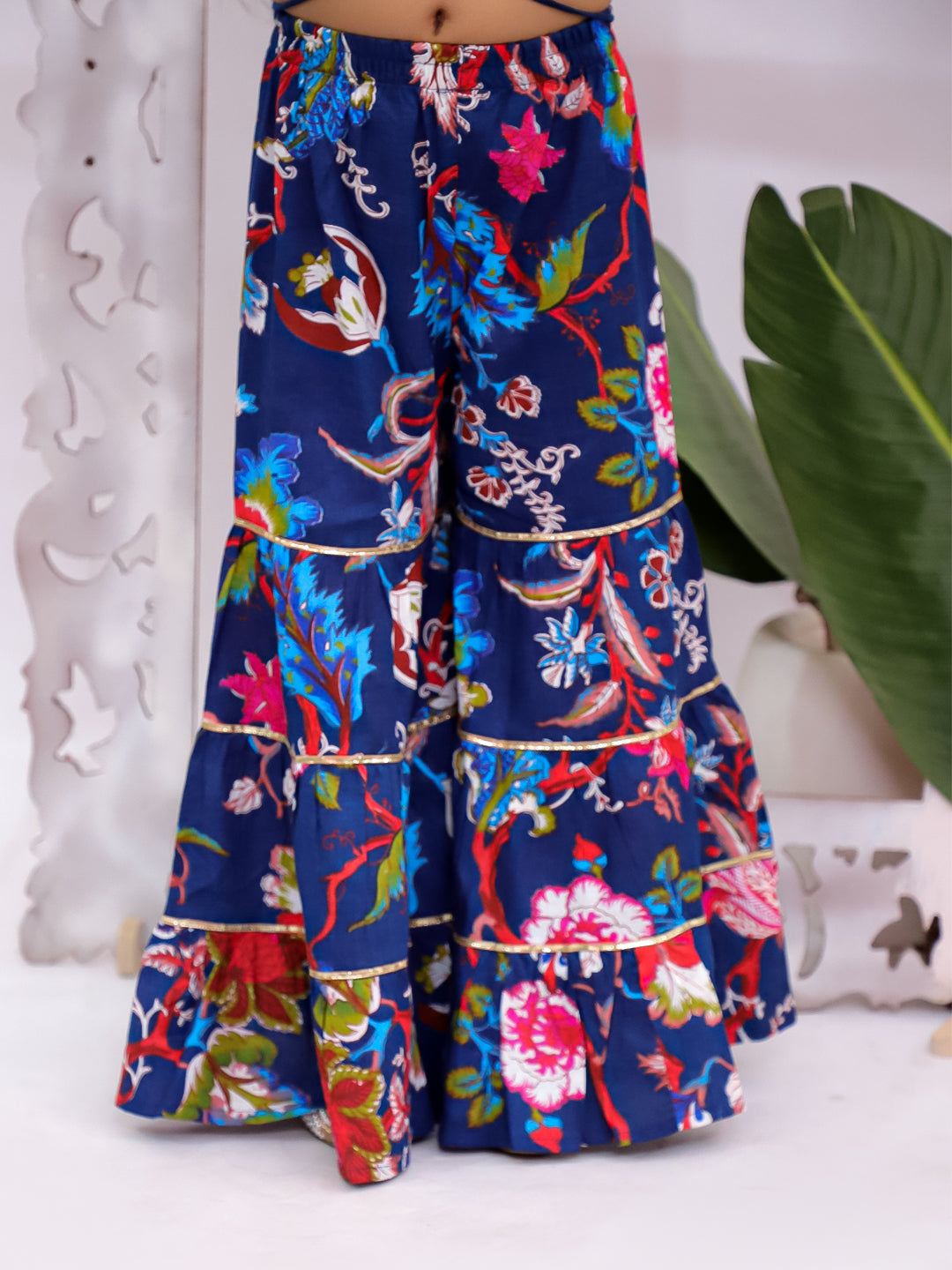 Kid One Sleeveless Floral Print Crop Top With Sharara Set For Girls Blue