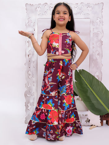 Kid One Sleeveless Floral Print Crop Top With Sharara Set For Girls Wine