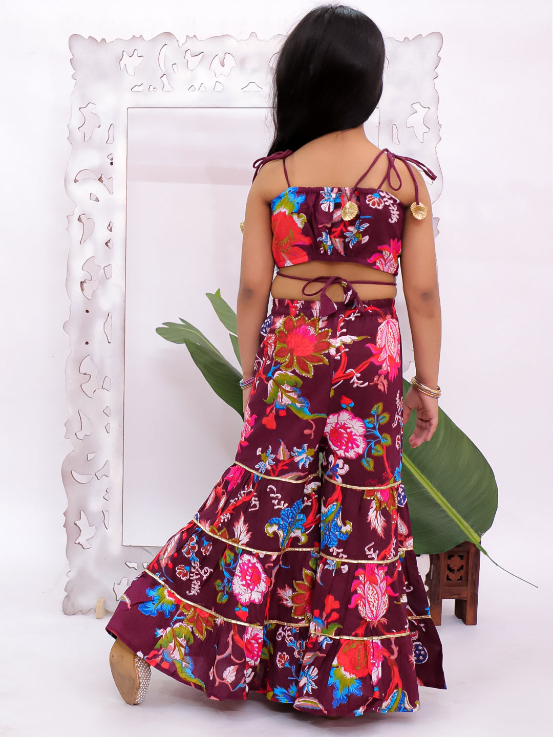 Kid One Sleeveless Floral Print Crop Top With Sharara Set For Girls Wine