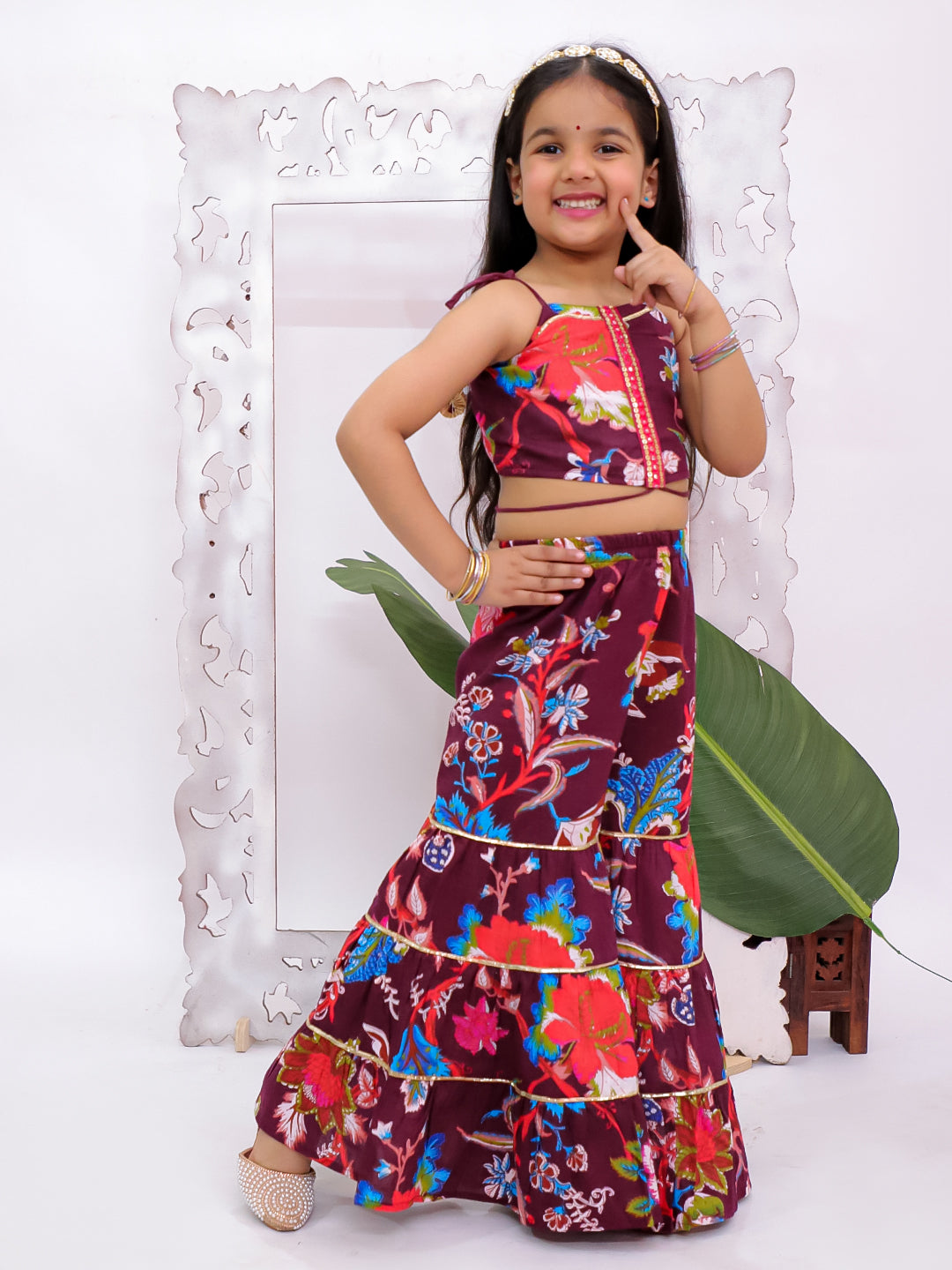 Kid One Sleeveless Floral Print Crop Top With Sharara Set For Girls Wine