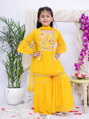 Kid One Ruhani Embroidered Kurti Sharara With Dupatta For Girls Yellow