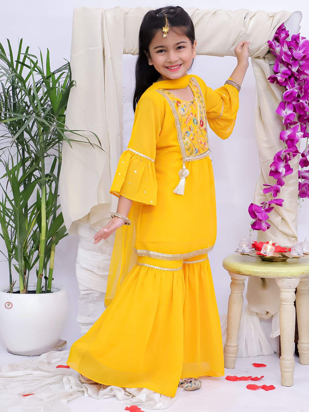 Kid One Ruhani Embroidered Kurti Sharara With Dupatta For Girls Yellow