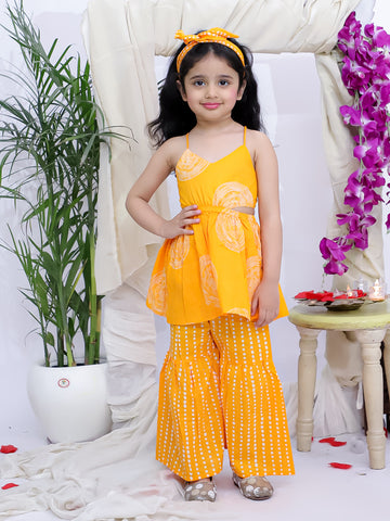 Kid One Sleeveless Printed Cotton Kurta Sharara With Headband Set For Girls Orange