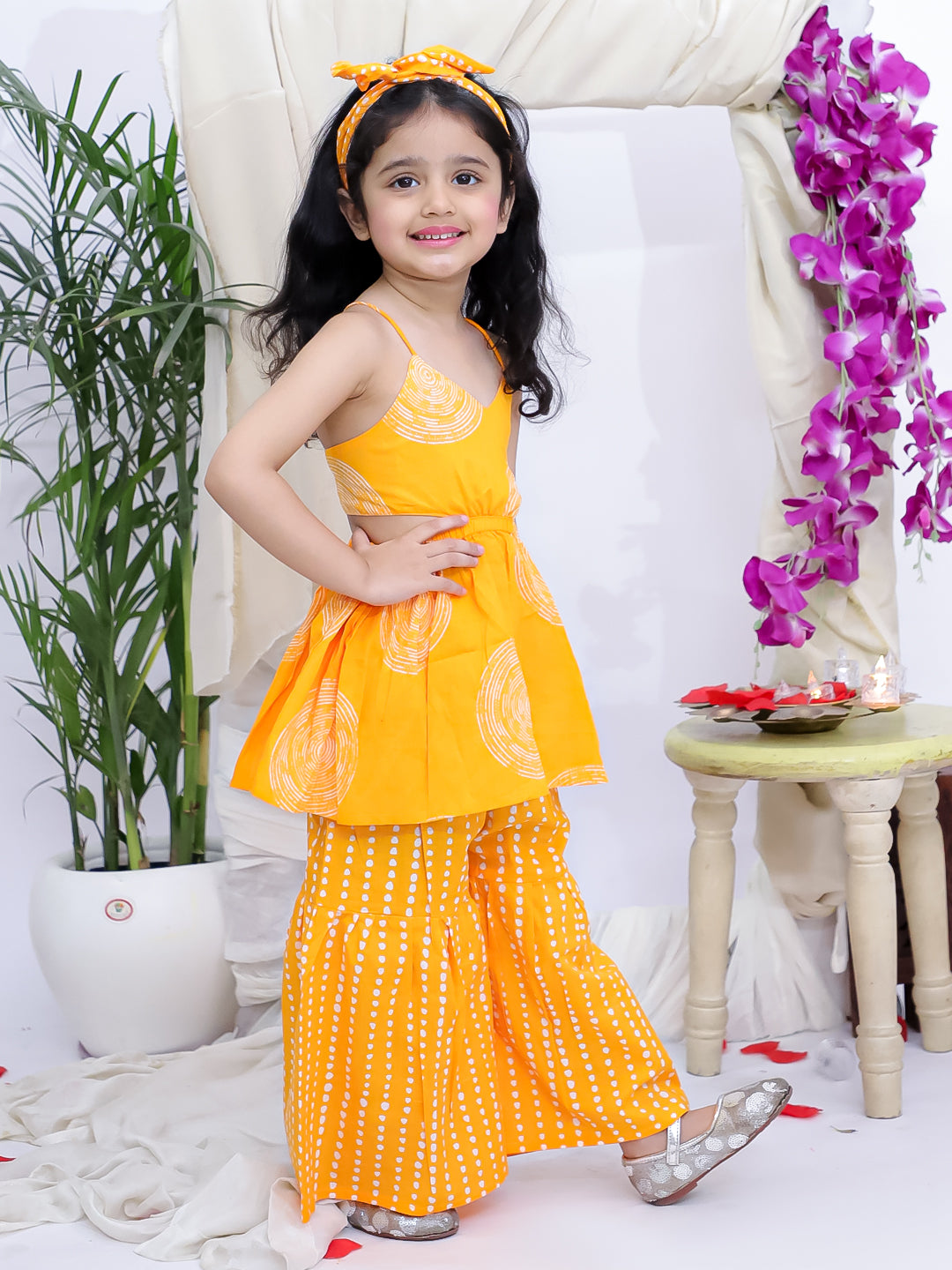 Kid One Sleeveless Printed Cotton Kurta Sharara With Headband Set For Girls Orange