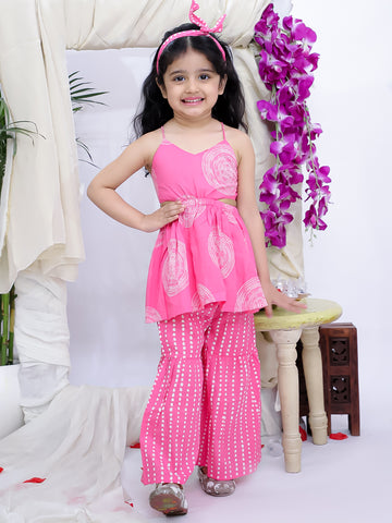 Kid One Sleeveless Printed Cotton Kurta Sharara With Headband Set For Girls Pink
