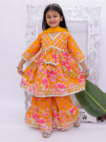 Kid One Full Sleeves Gota Work Floral Printed Kurta Sharara With Dupatta Set For Girls Orange