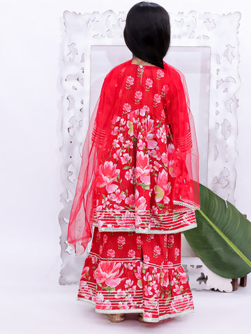 Kid One Full Sleeves Gota Work Floral Printed Kurta Sharara With Dupatta Set For Girls Red
