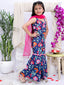 Kid One Backless Printed Kurti Sharara With Dupatta Set For Girls Navy