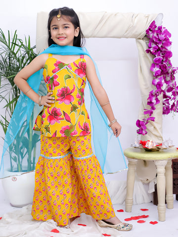 Kid One Backless Printed Kurti Sharara With Dupatta Set For Girls Yellow