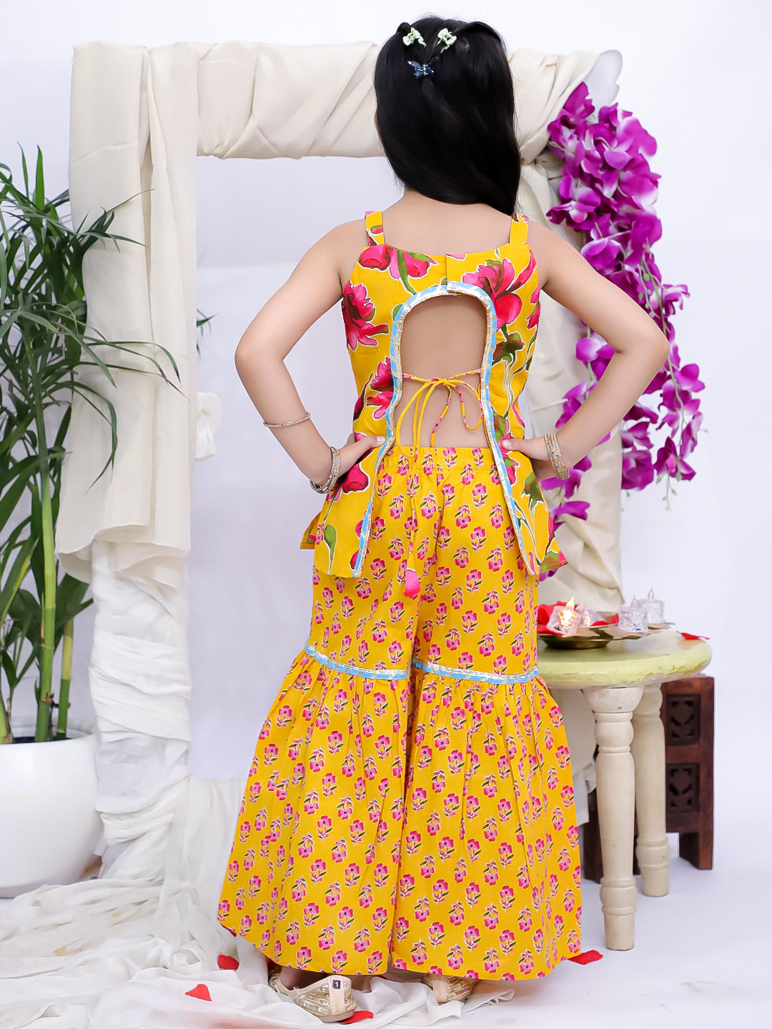 Kid One Backless Printed Kurti Sharara With Dupatta Set For Girls Yellow