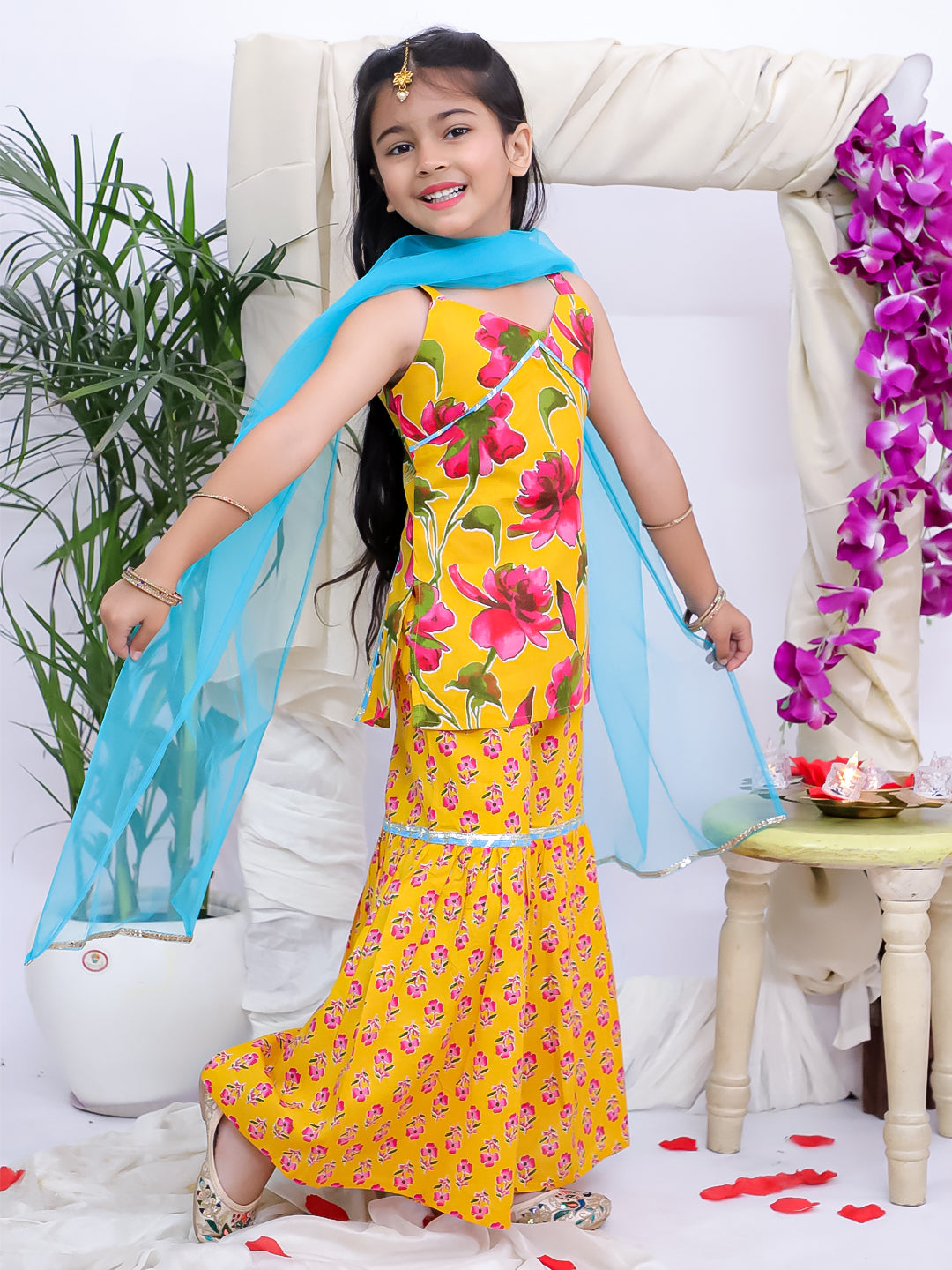 Kid One Backless Printed Kurti Sharara With Dupatta Set For Girls Yellow
