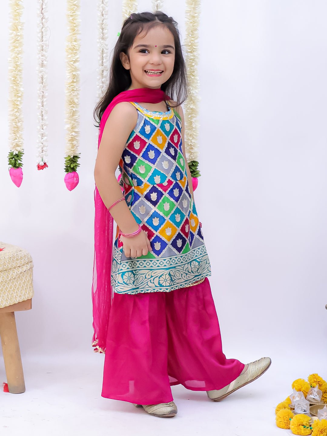 Kid One Sitara Printed Kurti Sharara With Dupatta Set For Girls Pink