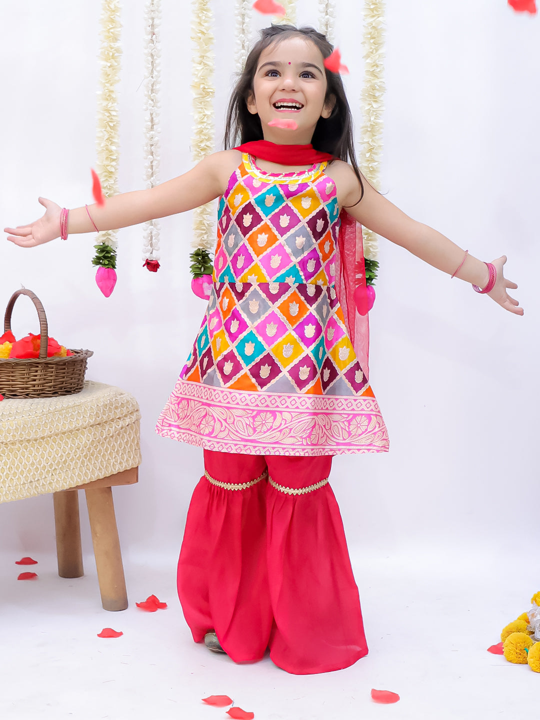 Kid One Sitara Printed Kurti Sharara With Dupatta Set For Girls Red