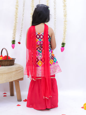 Kid One Sitara Printed Kurti Sharara With Dupatta Set For Girls Red