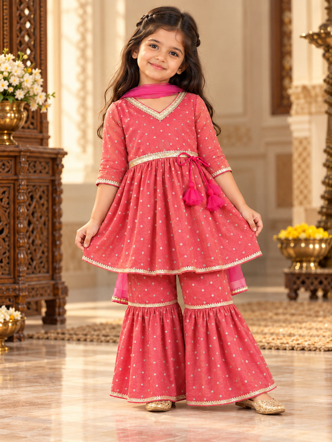Kid One Woven Full Sleeves Flared Kurti Sharara With Dupatta Set For Girls Peach