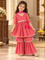 Kid One Woven Full Sleeves Flared Kurti Sharara With Dupatta Set For Girls Peach