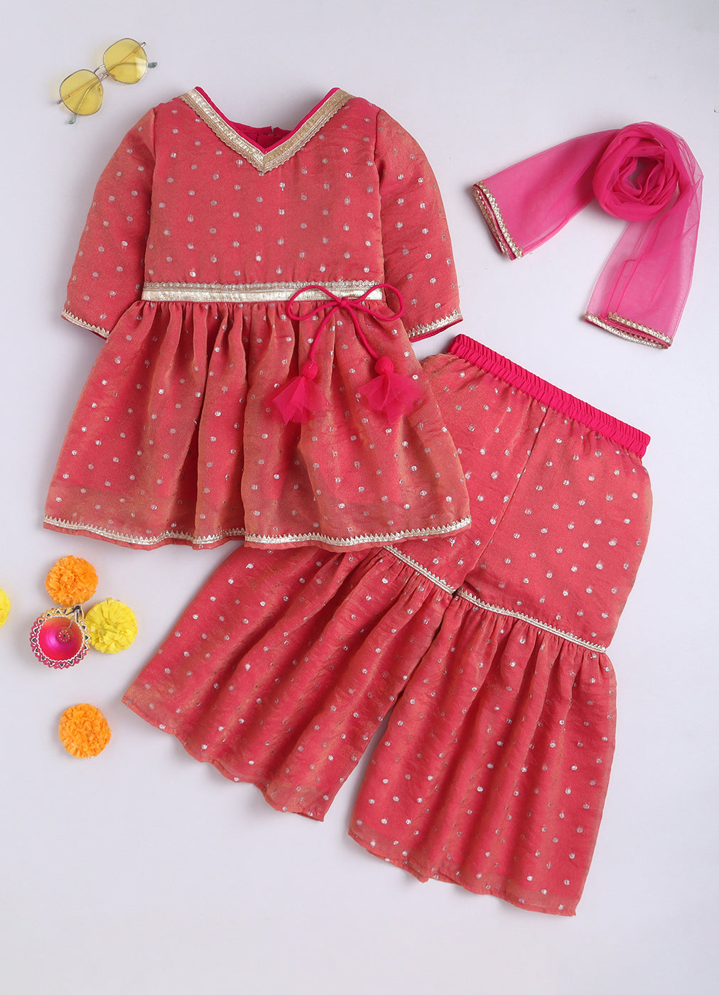 Kid One Woven Full Sleeves Flared Kurti Sharara With Dupatta Set For Girls Peach