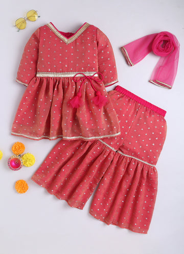 Kid One Woven Full Sleeves Flared Kurti Sharara With Dupatta Set For Girls Peach