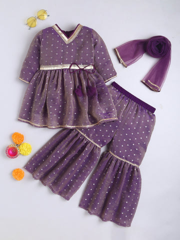 Kid One Woven Full Sleeves Flared Kurti Sharara With Dupatta Set For Girls Purple