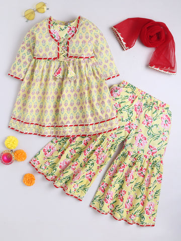 Kid One Floral Full Sleeves Cotton Kurti Sharara With Dupatta Set For Girls Lemon Yellow