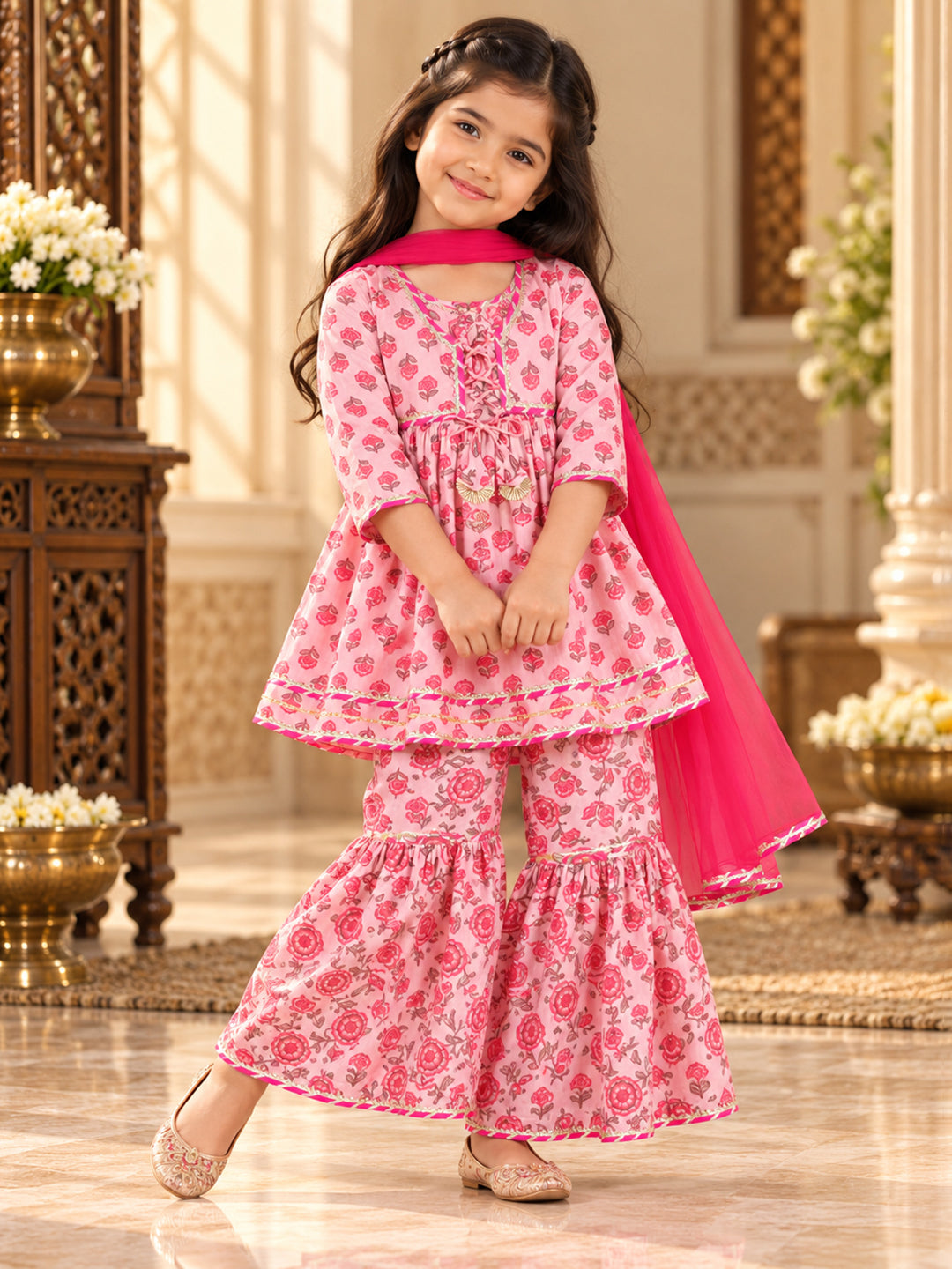 Kid One Floral Full Sleeves Cotton Kurti Sharara With Dupatta Set For Girls Pink