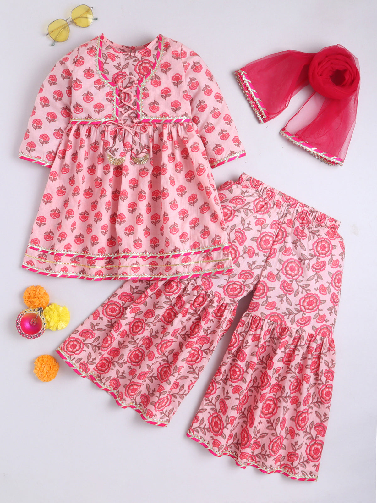 Kid One Floral Full Sleeves Cotton Kurti Sharara With Dupatta Set For Girls Pink