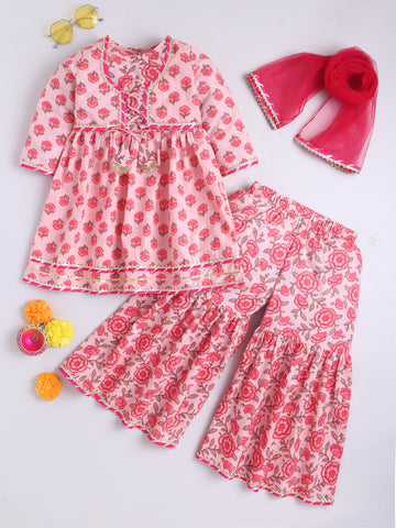 Kid One Floral Full Sleeves Cotton Kurti Sharara With Dupatta Set For Girls Pink