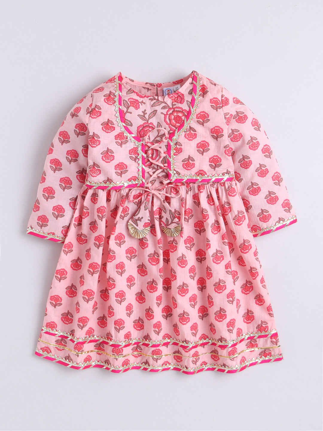Kid One Floral Full Sleeves Cotton Kurti Sharara With Dupatta Set For Girls Pink