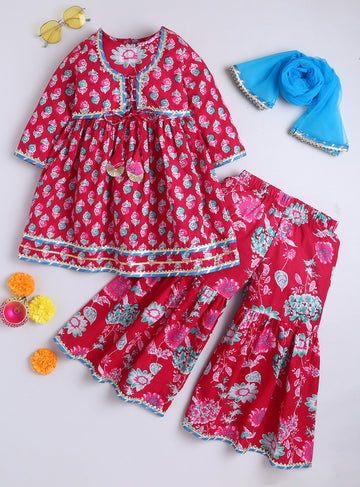 Kid One Floral Full Sleeves Cotton Kurti Sharara With Dupatta Set For Girls Rani Pink