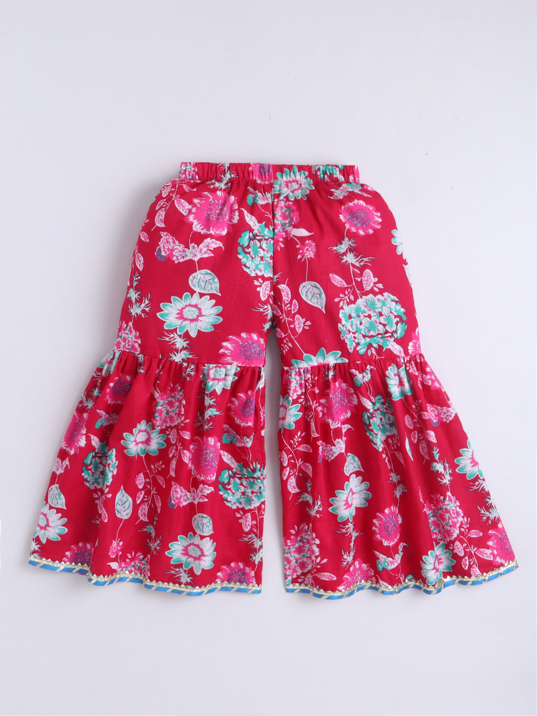 Kid One Floral Full Sleeves Cotton Kurti Sharara With Dupatta Set For Girls Rani Pink