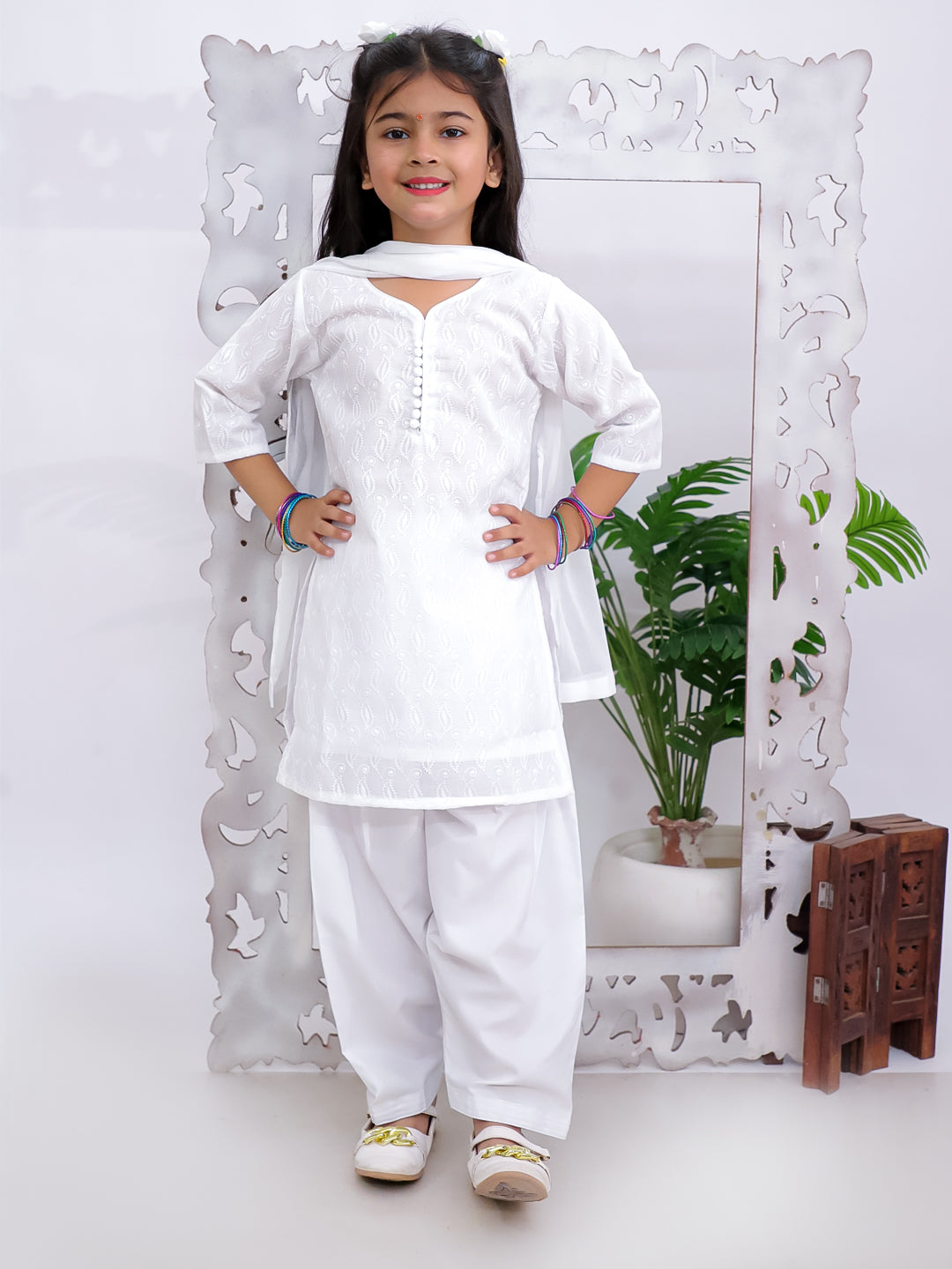 Kid One Chikankari Work Kurti Salwar With Dupatta Set For Girls White