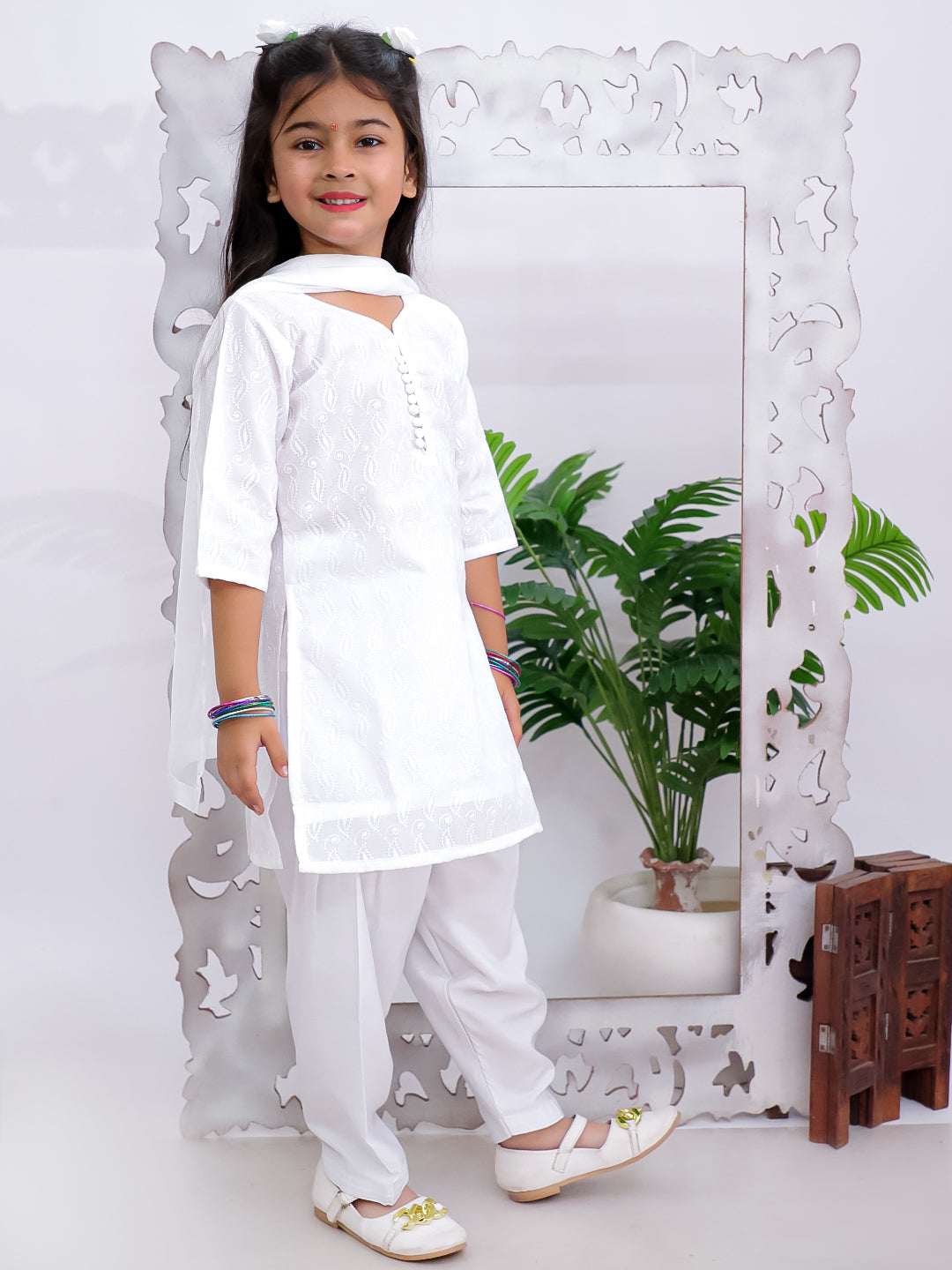 Kid One Chikankari Work Kurti Salwar With Dupatta Set For Girls White