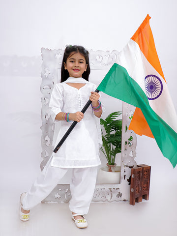 Kid One Chikankari Work Kurti Salwar With Dupatta Set For Girls White