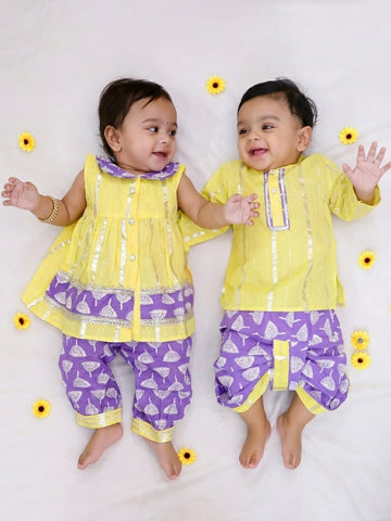 Kid One Sunshine Infants Top And Salwar Set For Girls With Cotton Kurta Dhoti Set For Boys Yellow