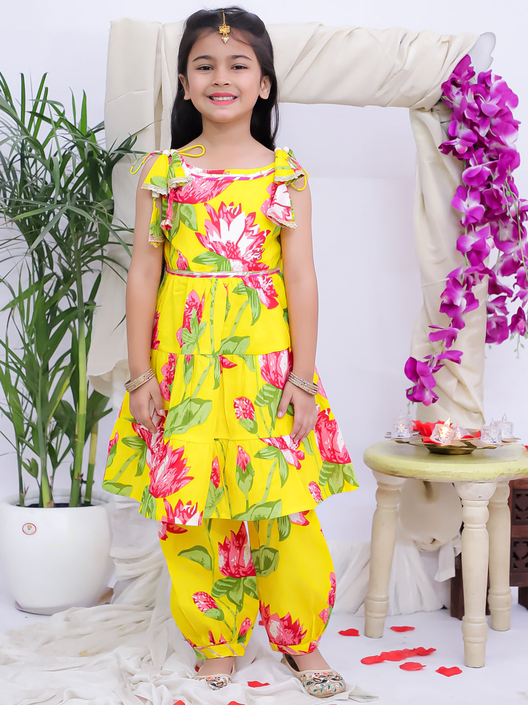 Kid One Floral Peplum Top With Afgani Salwar Set For Girls Yellow