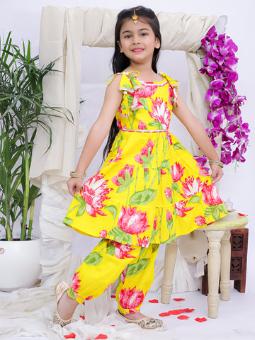 Kid One Floral Peplum Top With Afghani Salwar Set For Girls With Embroidered Kurta With Dhoti Set For Boys Yellow & Blue