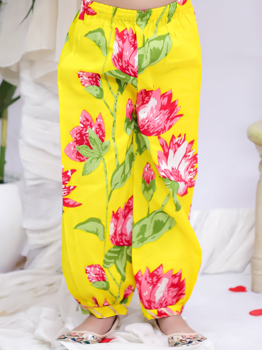 Kid One Floral Peplum Top With Afgani Salwar Set For Girls Yellow