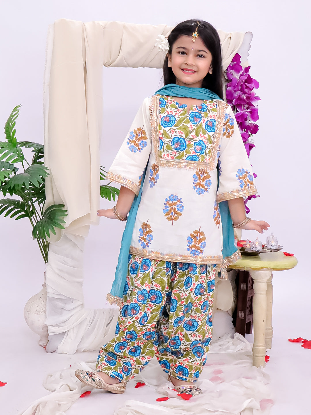 Kid One Floral Printed Kurti Salwar And Dupatta Set With Printed Kurta Pyjama And Jacket Set - Blue