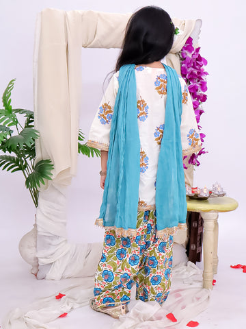 Kid One Phool Bahar Pure Cotton Printed Kurti Salwar With Dupatta For Girls Blue
