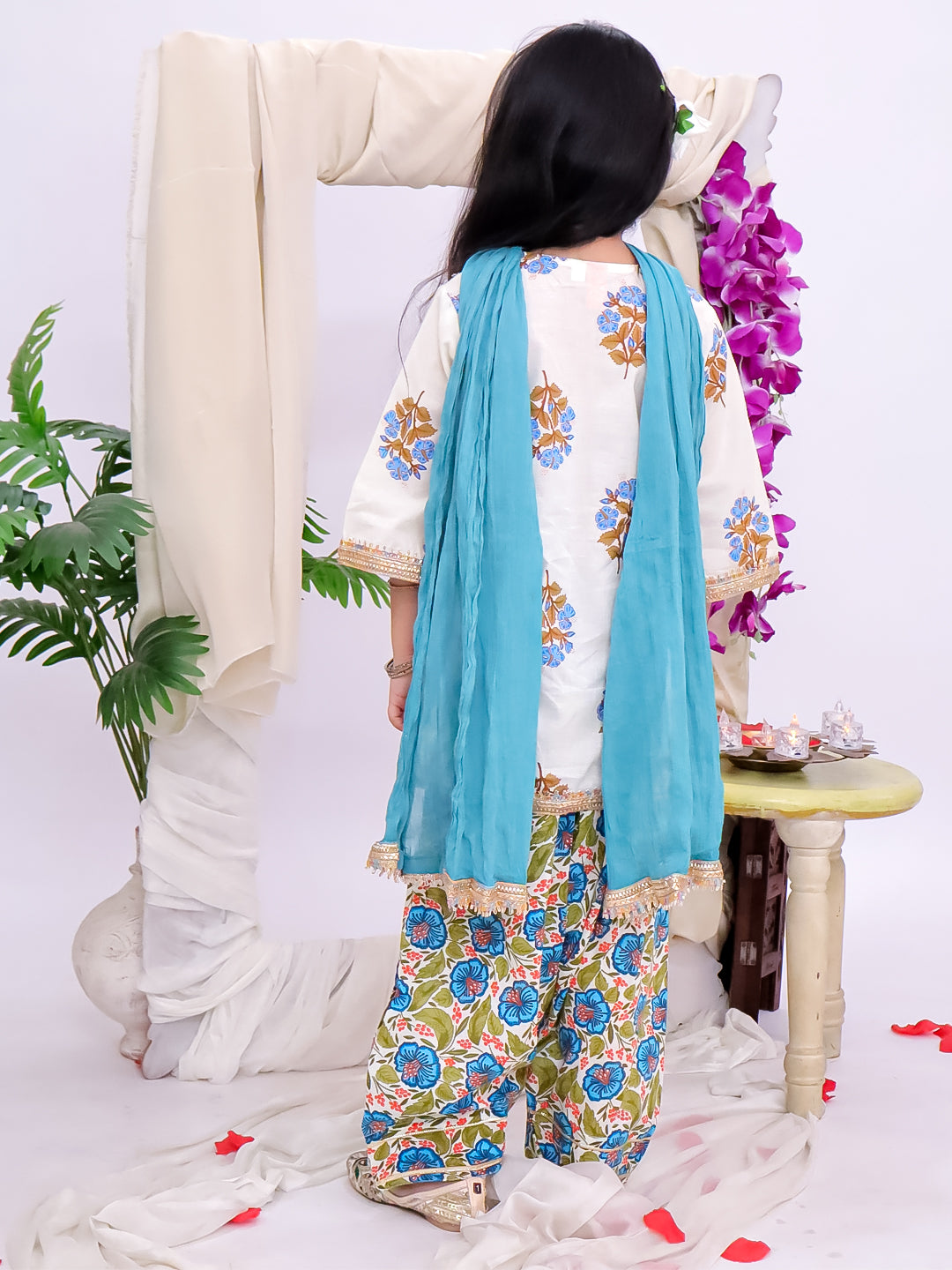 Kid One Floral Printed Kurti Salwar And Dupatta Set With Printed Kurta Pyjama And Jacket Set - Blue