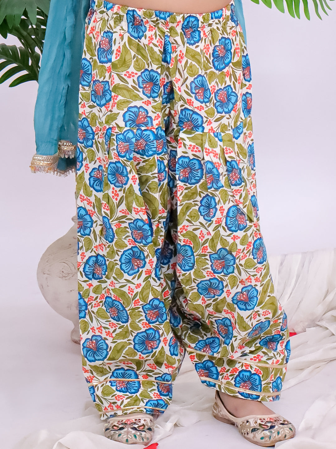Kid One Phool Bahar Pure Cotton Printed Kurti Salwar With Dupatta For Girls Blue