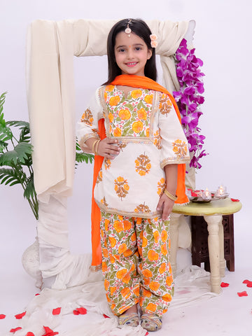 Kid One Floral Printed Kurti Salwar And Dupatta Set With Printed Kurta Pyjama And Jacket Set - Orange