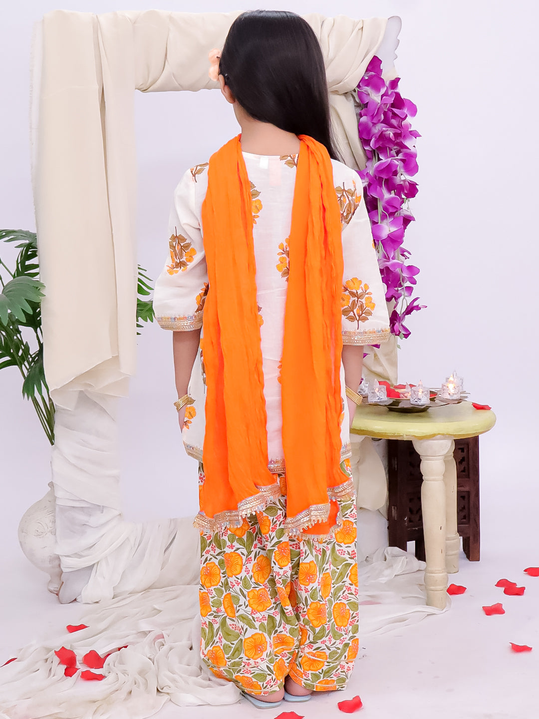 Kid One Phool Bahar Pure Cotton Printed Kurti Salwar With Dupatta For Girls Orange