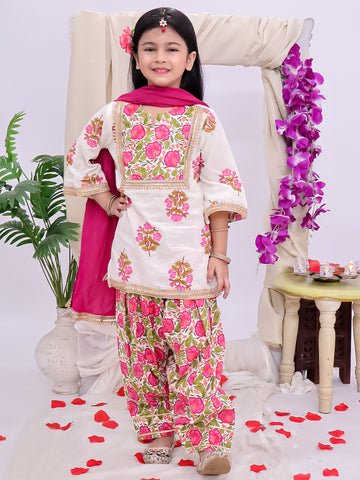 Kid One Floral Printed Kurti Salwar And Dupatta Set With Printed Kurta Pyjama And Jacket Set - Pink