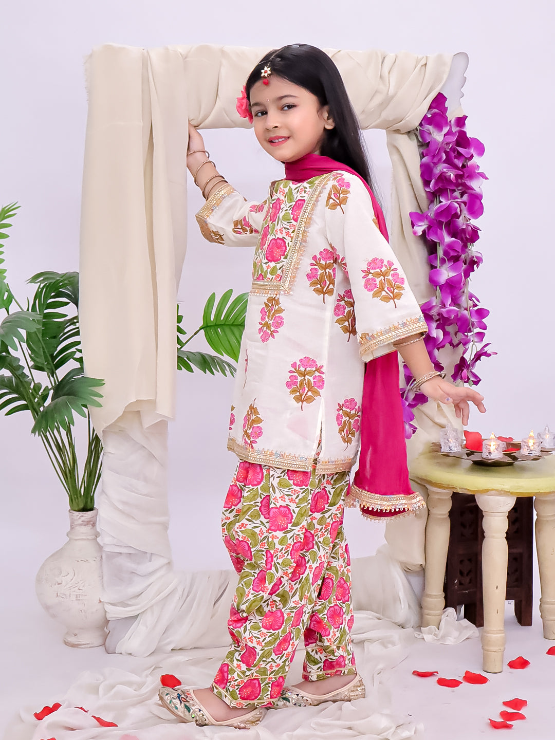 Kid One Phool Bahar Pure Cotton Printed Kurti Salwar With Dupatta For Girls Pink