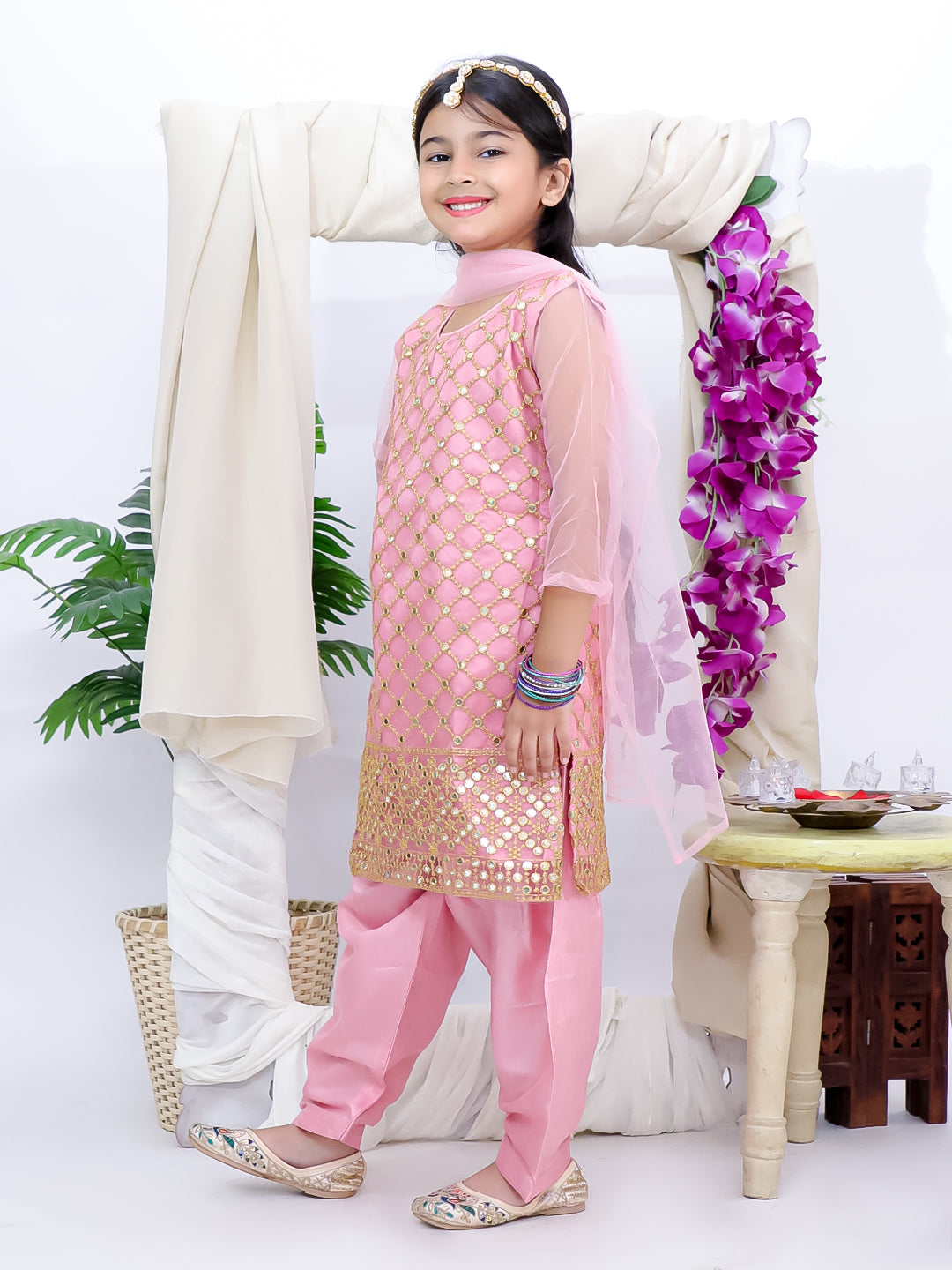 Kid One Mirror Work Embroidered Kurti Salwar With Dupatta Set For Girls Pink